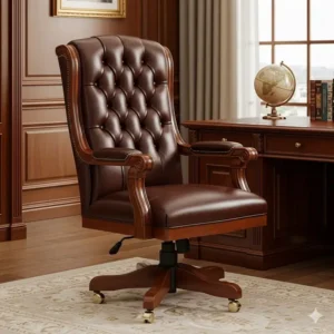 An elegant luxury executive office chair with fine dark wood accents and plush upholstery, perfect for a traditional or classic office setting.