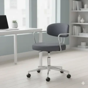 A modern desk chair with a chrome base and a comfortable padded seat, available at many home goods retailers.