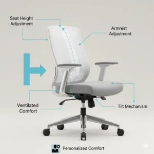 Infographic showcasing the adjustable features of a modern office chair, including seat height, tilt mechanism, and armrest adjustments for personalized comfort.