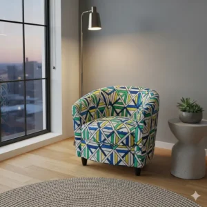 A modern, compact barrel chair with clean lines and a simple design, fitting for small apartments.