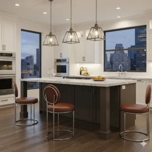 A set of small round chairs with a sleek metal frame and leather seats, arranged around a kitchen island for a chic dining solution.