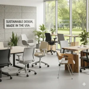 A group of eco-friendly office chairs made in usa with sustainable materials, arranged in a modern office space.
