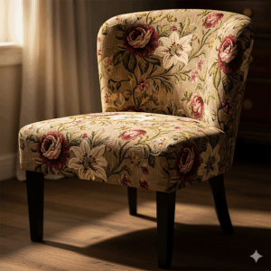 A classic small upholstered chair with a curved back and vintage floral upholstery pattern.