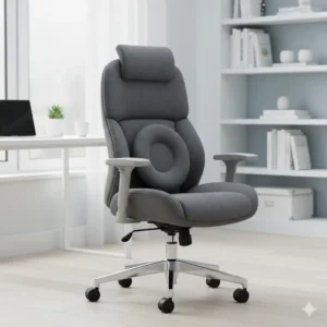 An office chair with adjustable armrests and a high back, a key feature for comfort in a home office setting