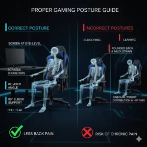 Infographic illustrating the correct sitting posture in a gaming chair, emphasizing how good ergonomics can prevent and alleviate back pain for gamers. 