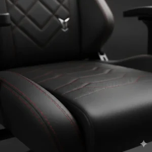Detailed illustration showcasing the high-quality PU leather material of a black gaming chair, emphasizing its durability, easy maintenance, and premium feel.