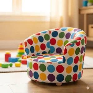A miniature small round chair designed for a child's playroom, featuring a fun, brightly colored fabric and a soft, inviting shape.