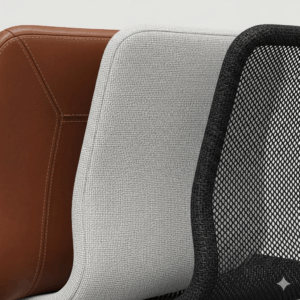 A display of various chair materials like leather, fabric, and mesh, which are important factors when choosing the best chair for sitting all day.