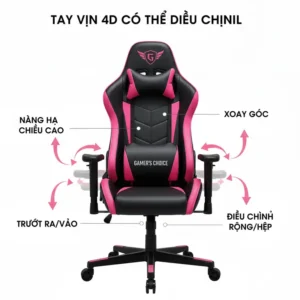 Image showcasing the multi-directional adjustable armrests of a black and pink gaming chair, designed for personalized support.