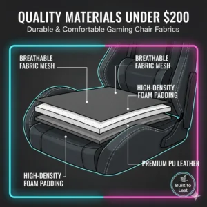 Durable materials such as PU leather and breathable mesh commonly used in top gaming chairs under 200.