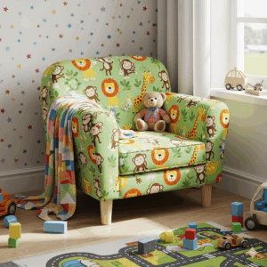  A child-sized small upholstered chair with a playful animal print, suitable for a kid's room.
