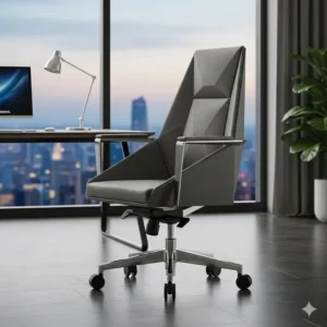 A sleek, modern luxury executive office chair with a unique geometric design and a polished metal base, suitable for a contemporary workspace.