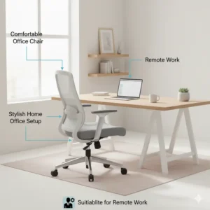 Illustration of a comfortable modern office chair integrated into a stylish home office setup, demonstrating its suitability for remote work.