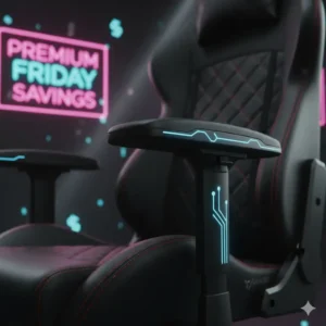 Detailed shot of the durable, high-quality material and stitching of a gaming chair armrest or seat, emphasizing premium build for gaming chair black friday shoppers.