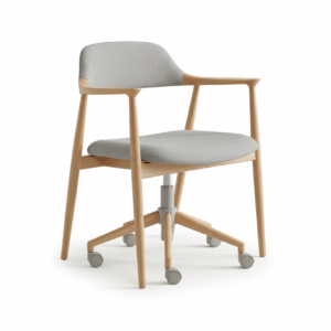 A Scandinavian-style aesthetic office chair with clean lines, light wood accents, and a simple design, perfect for a cozy, Nordic-inspired office.