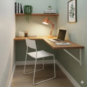 A compact study nook with a skinny desk chair fitting perfectly into a tight corner. The small chair's narrow design maximizes space in the limited area.