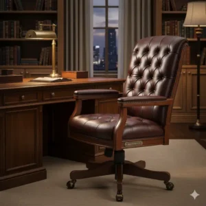 A luxurious, dark leather executive office chairs made in usa, handcrafted and positioned in a sophisticated home office setting.