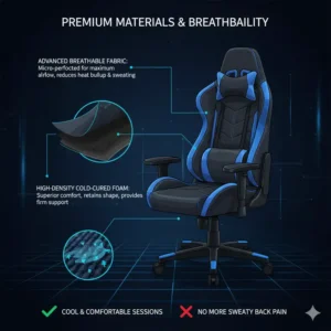 Illustration showcasing the high-quality, breathable materials used in a gaming chair, designed for comfort during extended use without exacerbating back pain. 