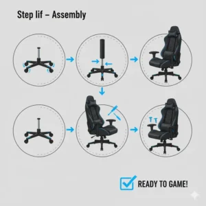 Simplified step-by-step illustration depicting the easy assembly process of a black gaming chair, reassuring users about convenient setup.