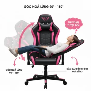 An illustration demonstrating the recline function of a black and pink gaming chair, perfect for relaxation between games.
