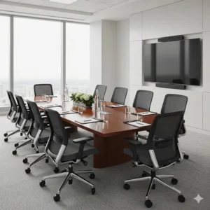 Several uniform commercial office chairs arranged around a large conference table in a meeting room.