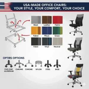 A colorful graphic illustrating the customizable options available for office chairs made in usa, including various fabrics, colors, and base options.
