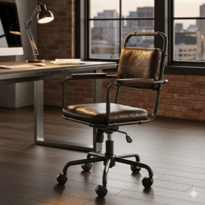 An industrial-style aesthetic office chair with a black metal frame and distressed leather, bringing a rugged and urban aesthetic to a professional workspace.