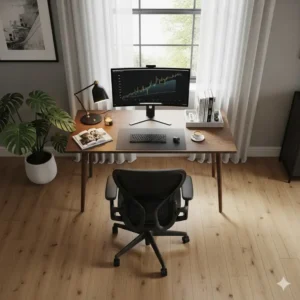 An overhead view of a stylish luxury executive office chair placed in a clean, professional home office environment, ready for use.