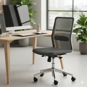 An office setup featuring a breathable mesh skinny desk chair with a swivel base. The mesh material provides ventilation and adds to the chair's lightweight feel.