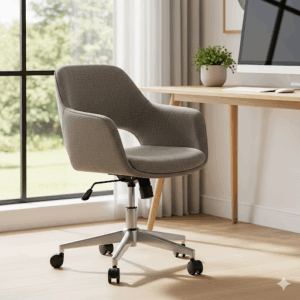 A comfortable and ergonomic small upholstered chair serving as a stylish desk chair in a home office.