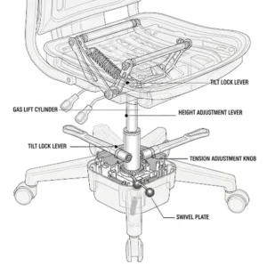  A diagram illustrating the multi-functional tilt and swivel mechanism of a budget-friendly ergonomic chair, showing its full range of motion in the best office chair under 200. 