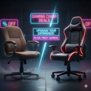 A visual comparison showing an old, worn-out office chair next to a brand-new, ergonomic gaming chair, illustrating the benefits of upgrading during gaming chair black friday sales.