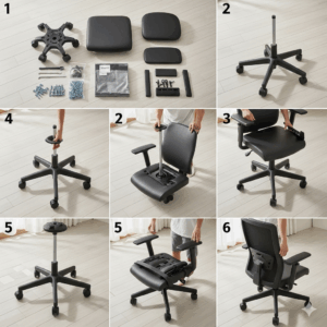 Step-by-step assembly process of a popular best Amazon office chair, showing parts laid out and the chair being put together.