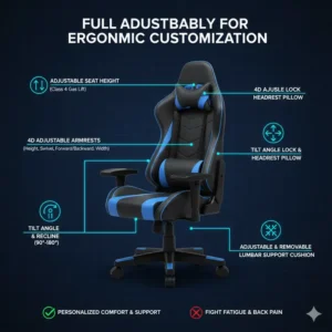 Illustration highlighting the various adjustable components of a gaming chair, such as seat height, armrest position, and tilt lock, crucial for customizing support against back pain. 