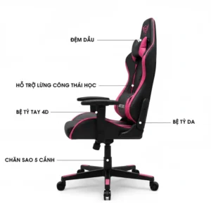 Side profile of a black and pink gaming chair, offering a view of its contoured backrest and robust base.