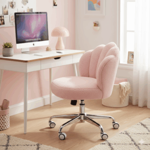A cute and cozy aesthetic office chair with a unique rounded back and soft, plush fabric, ideal for a charming and personalized home office.