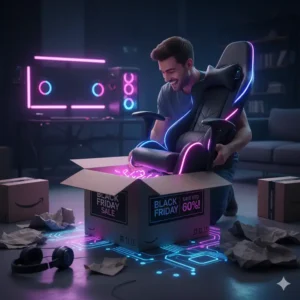 A person happily unboxing a new gaming chair, with the delivery box in the foreground, representing the excitement of receiving a gaming chair black friday order.