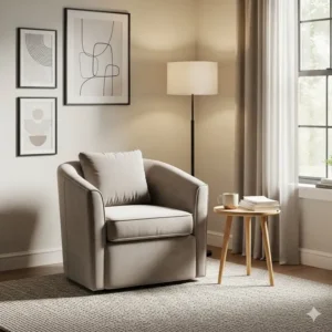 A comfortable, small barrel chair with a fluffy cushion placed in the corner of a bedroom, creating a personal retreat.