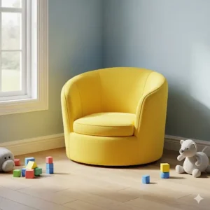 A small, child-sized barrel chair in a bright color, designed for a kid's playroom or bedroom.