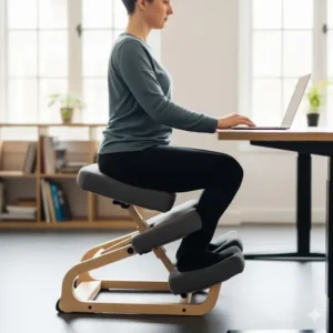 A unique kneeling office chair designed to distribute body weight and improve posture, reducing pressure on the lower back, another specialized one of the types of office chairs.
