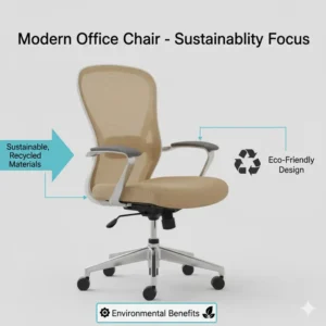 An illustration depicting a modern office chair made from sustainable, recycled materials, highlighting its eco-friendly design and environmental benefits.