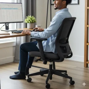  A person sitting comfortably in an affordable office chair with proper ergonomic posture, showcasing the comfort and support of the best office chair under 200.
