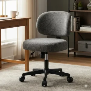 A small round swivel chair with a compact base, upholstered in a durable tweed fabric, providing both comfort and mobility for a home workspace.