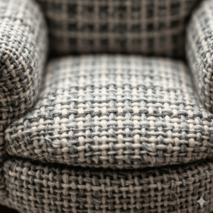 A macro shot showing the texture of the fabric on a small upholstered chair, highlighting its quality and weave.