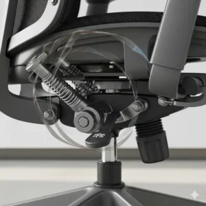 A detailed view of the swivel and tilt mechanism on a commercial office chairs, demonstrating its flexible movement.