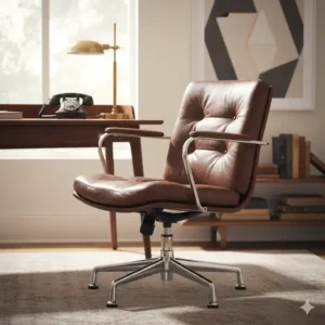  A luxurious leather designer desk chair with a high back and cushioned headrest, ideal for a professional or home office.
