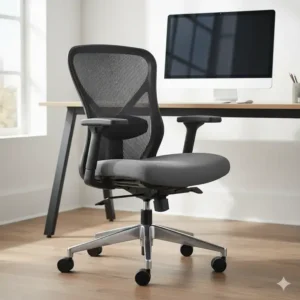 A diagram highlighting the adjustable features of a designer desk chair, including seat height, tilt tension, and lumbar support.