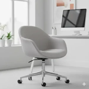  A unique designer desk chair with a minimalist design, featuring a comfortable upholstered seat and elegant solid wood legs.
