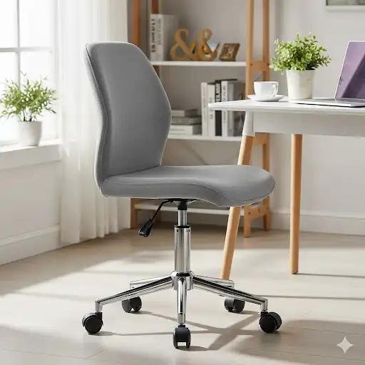 A modern, gray small swivel chair with a chrome base, perfect for a home office or small workspace. The chair has a minimalist design and provides excellent ergonomic support.