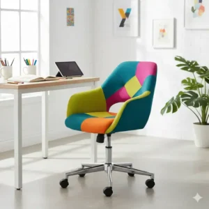 A vibrant, colorful ergonomic designer desk chair with a unique backrest and a polished chrome base, adding a pop of color to a creative office space. 